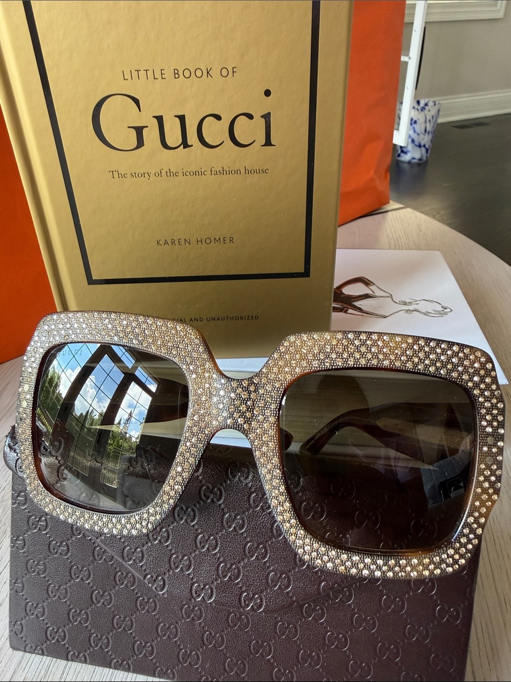Gucci Swarovski Crystal Oversized Sunglasses Brown Gold Rare Statement Luxury